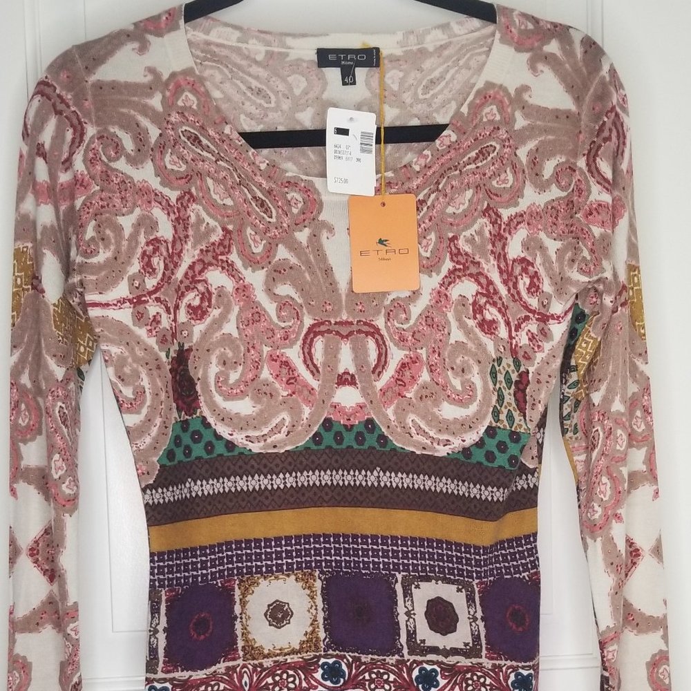 Etro Organic Patterned Cashmere & Silk Fine Knit Sweater Size 40 or US4 NWT